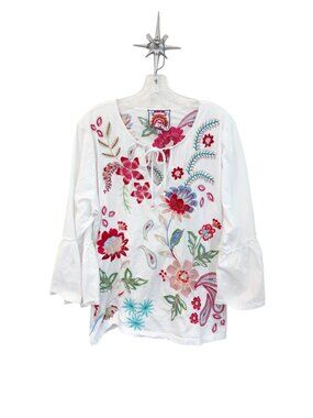 Johnny Was Ruffle Sleeve Embroidered T-Shirt XXL